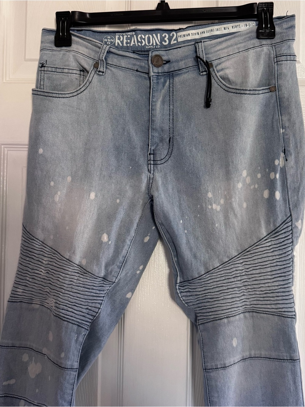 REASON Light Blue Denim Moto Jeans with White Paint Splatter